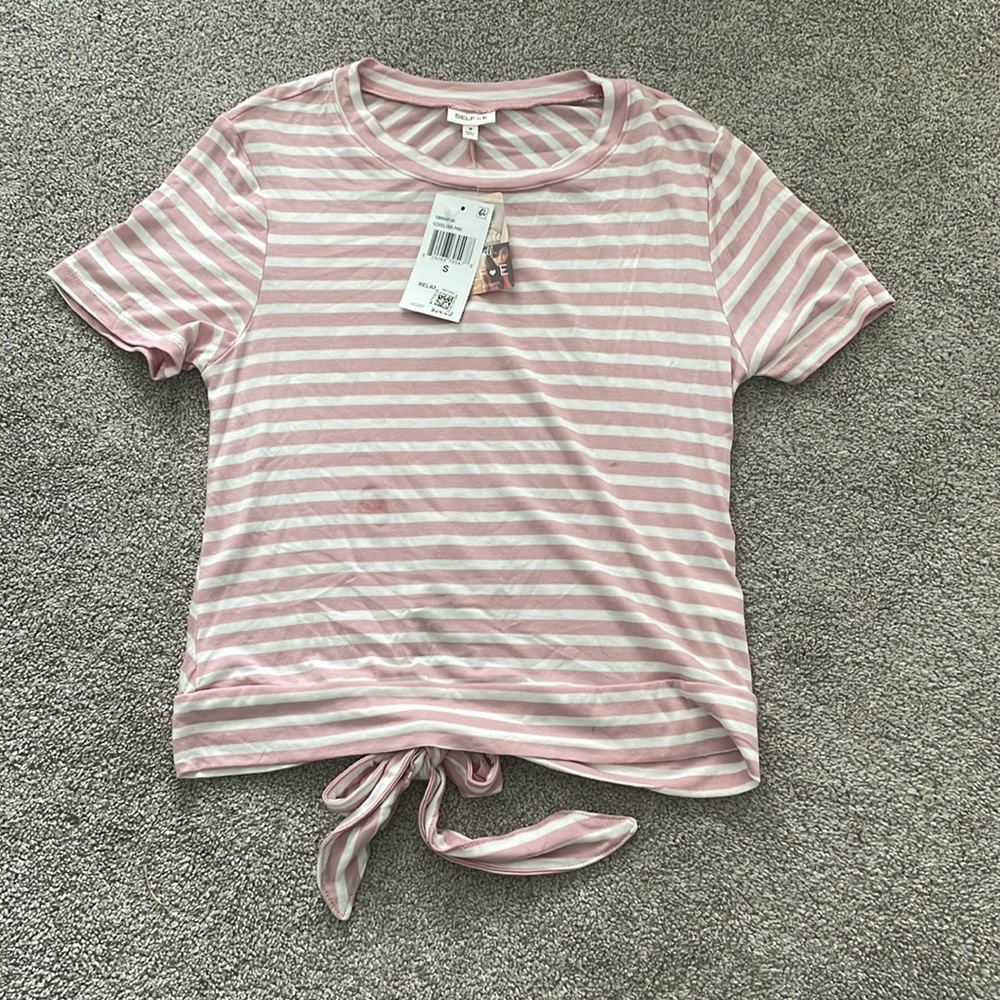 White and Pink Stripped Short Sleeved Shirt with Bow in back